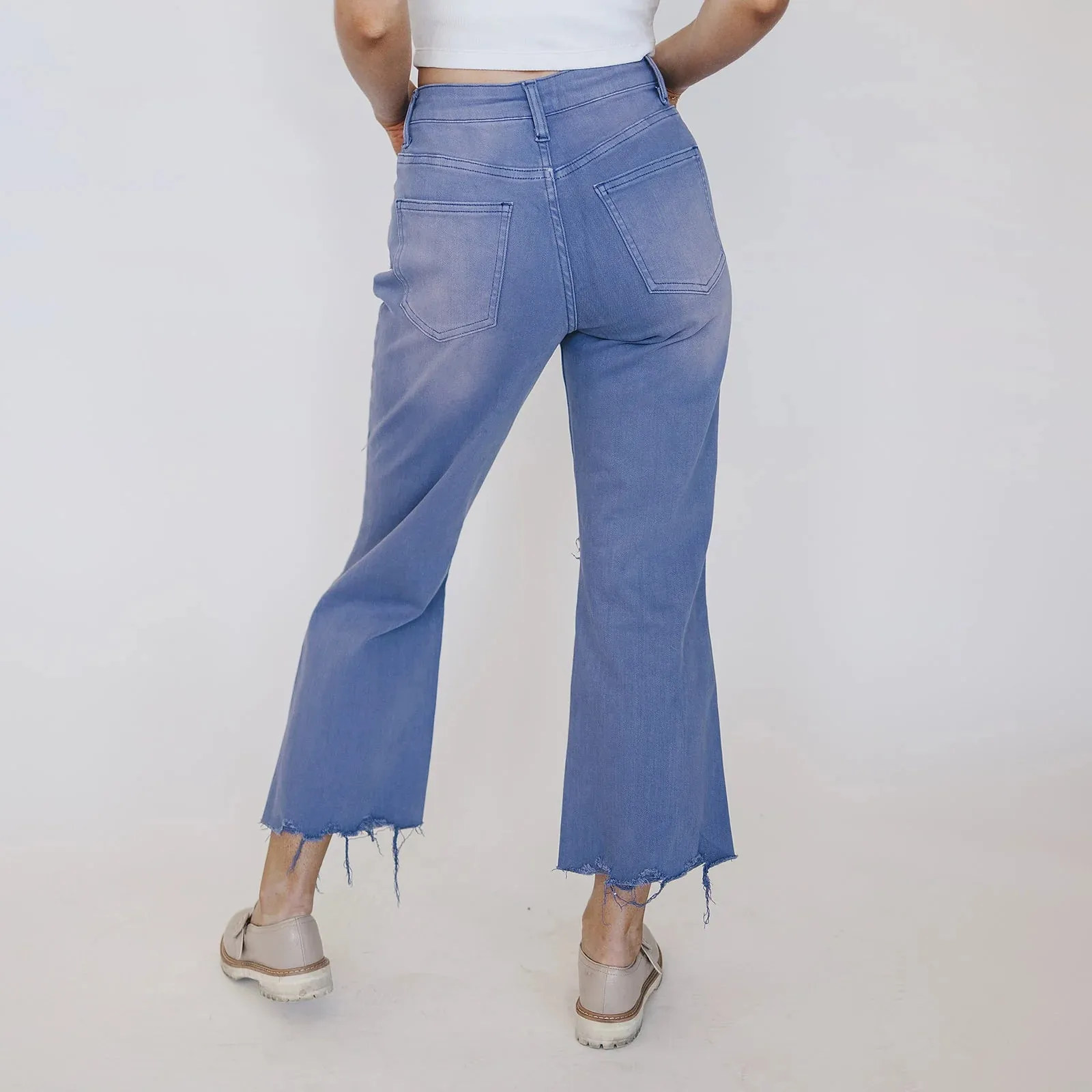 Hi-Rise Distressed Garment-Dyed Cropped Wide Leg Jeans- Marlin