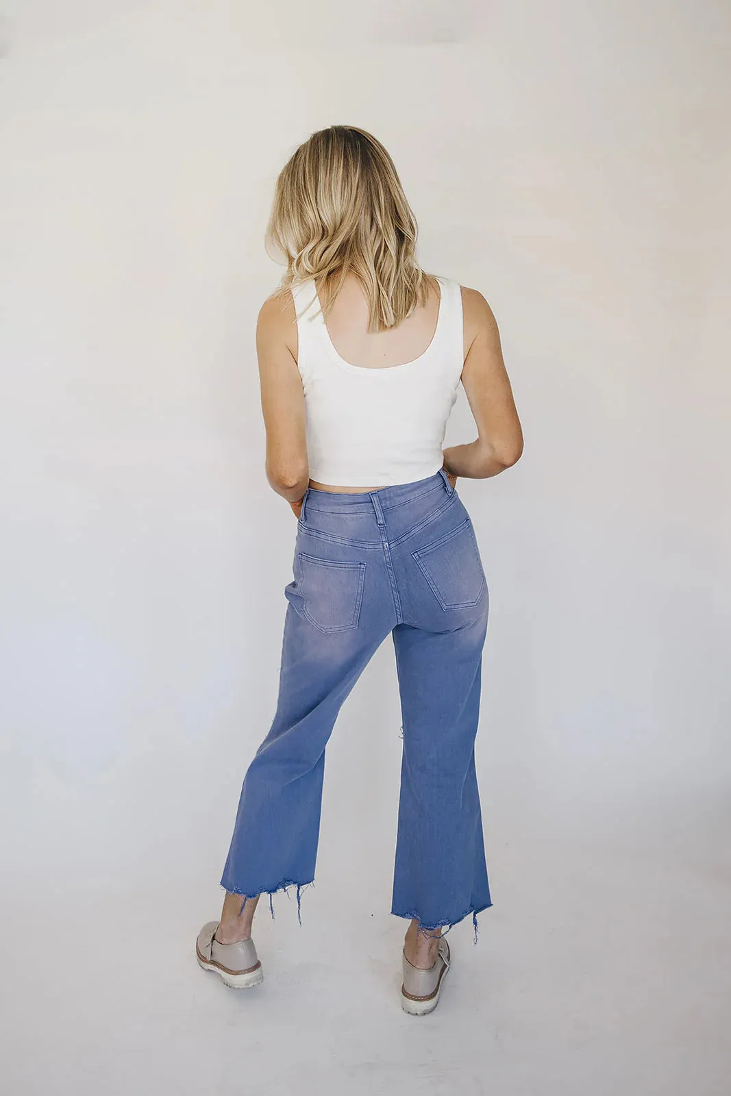 Hi-Rise Distressed Garment-Dyed Cropped Wide Leg Jeans- Marlin