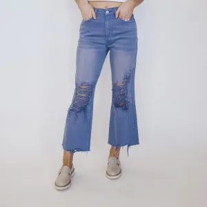 Hi-Rise Distressed Garment-Dyed Cropped Wide Leg Jeans- Marlin