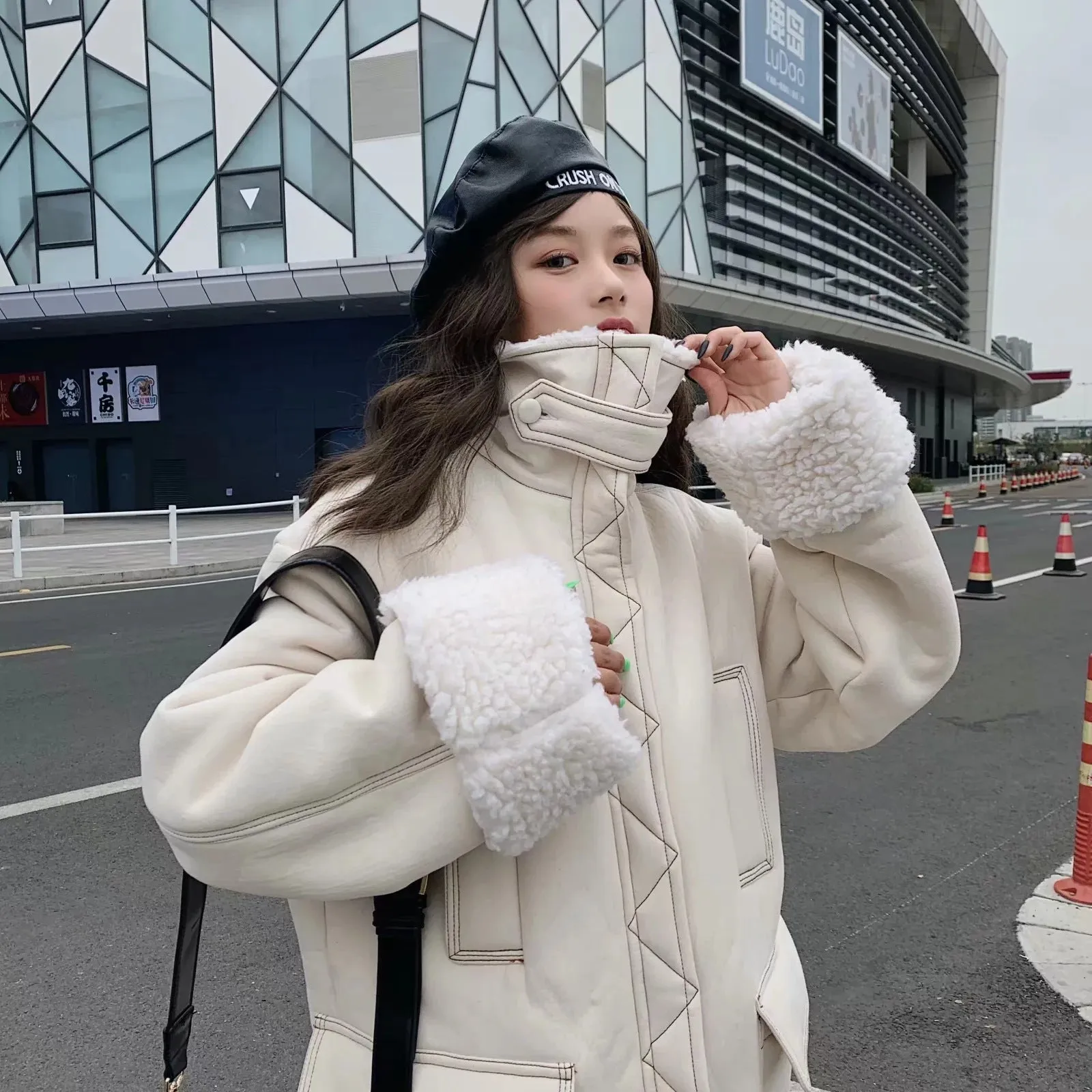 High Collar Lambswool Fur Outerwear