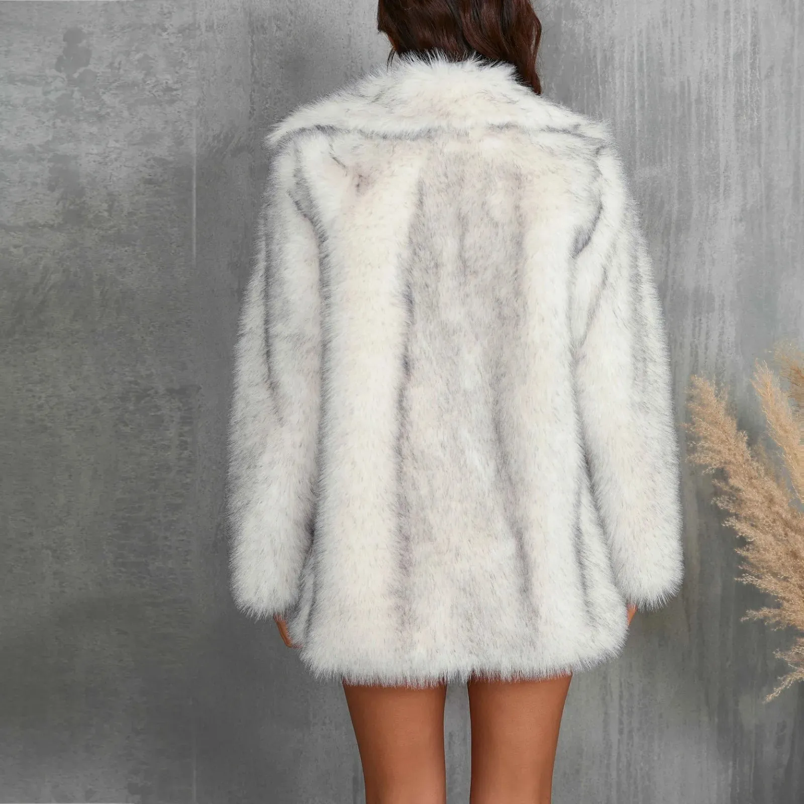 High Street Women's Fashion Slim Faux Fur Medium Long Turn-down Collar Coat Jacket Winter Faux Fur Office Lady Coat Women