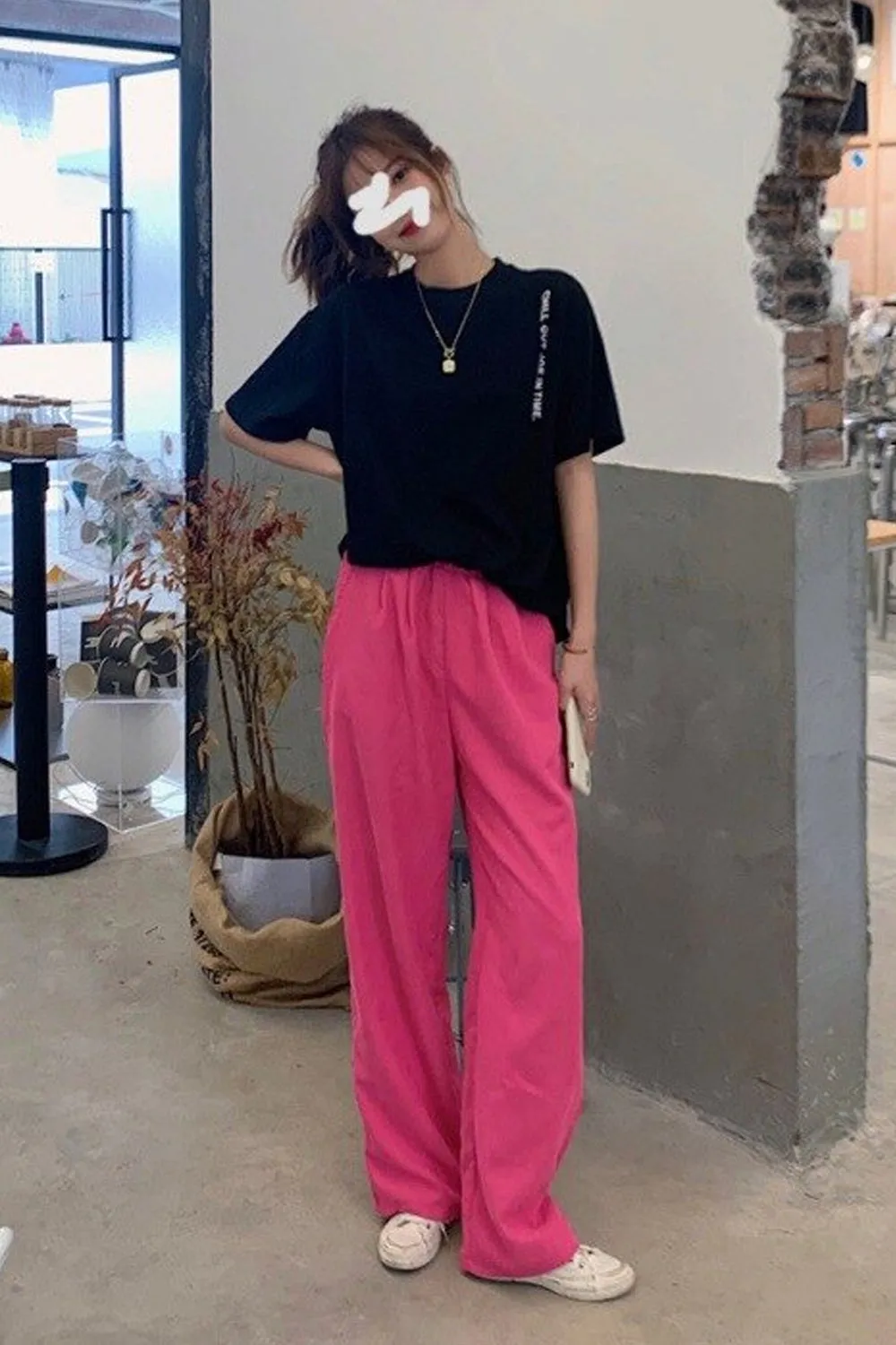 High Waist Wide Leg Basic Pink Pants