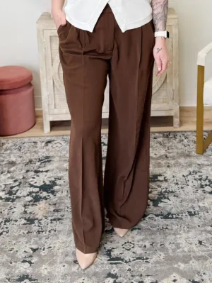High Waist Wide Leg Pleated Dress Pants in Brown