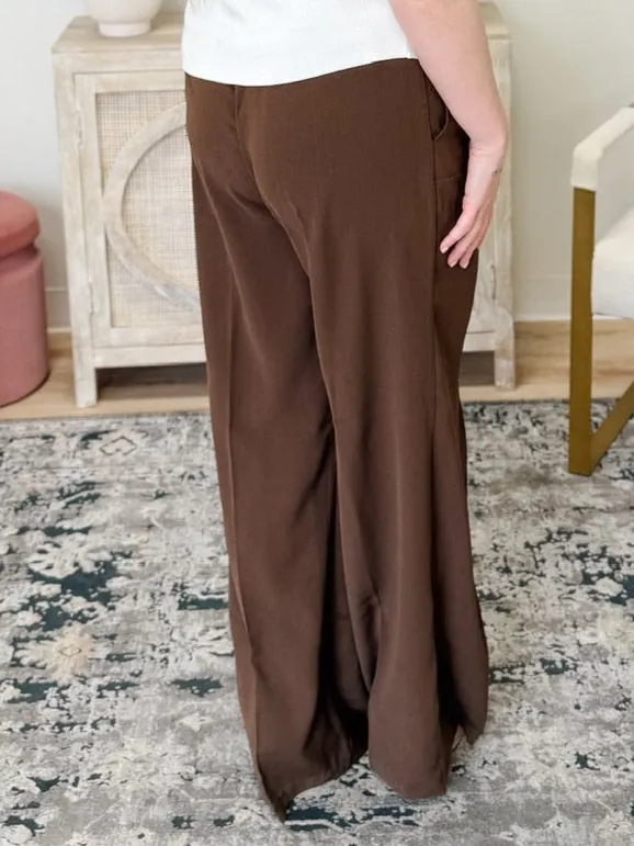 High Waist Wide Leg Pleated Dress Pants in Brown