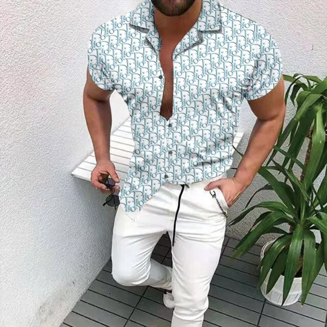 Hot Sale Men's Hawaii Shirt casual slim Turn-down Collar Short Sleeve Shirt Casual brand printed monogram shirt