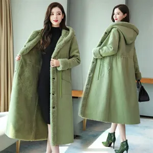 hulianfu Long Woolen Coat Women Fur Collar Hooded Jacket Winter Fur  Coat Plus size Loose Fashion Thick Warm Wool Jacket Women Overcoat