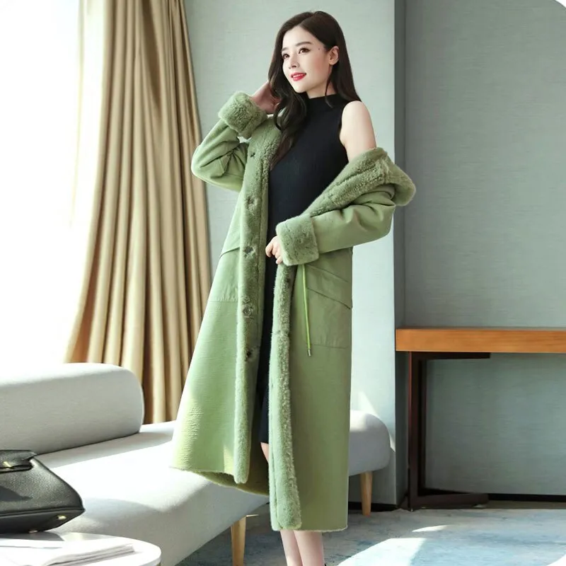 hulianfu Long Woolen Coat Women Fur Collar Hooded Jacket Winter Fur  Coat Plus size Loose Fashion Thick Warm Wool Jacket Women Overcoat