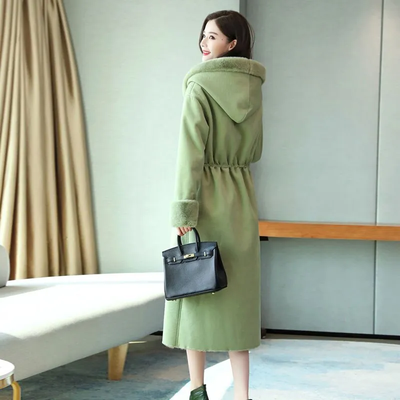 hulianfu Long Woolen Coat Women Fur Collar Hooded Jacket Winter Fur  Coat Plus size Loose Fashion Thick Warm Wool Jacket Women Overcoat