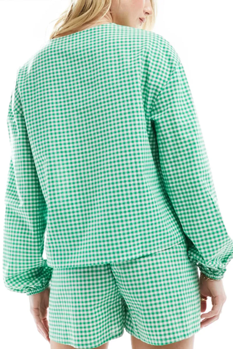 HUT1259 Green Gingham Tie-Front Set
