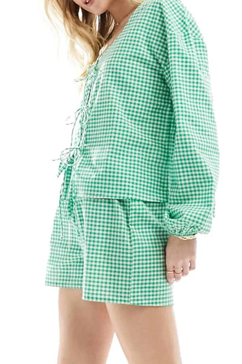 HUT1259 Green Gingham Tie-Front Set