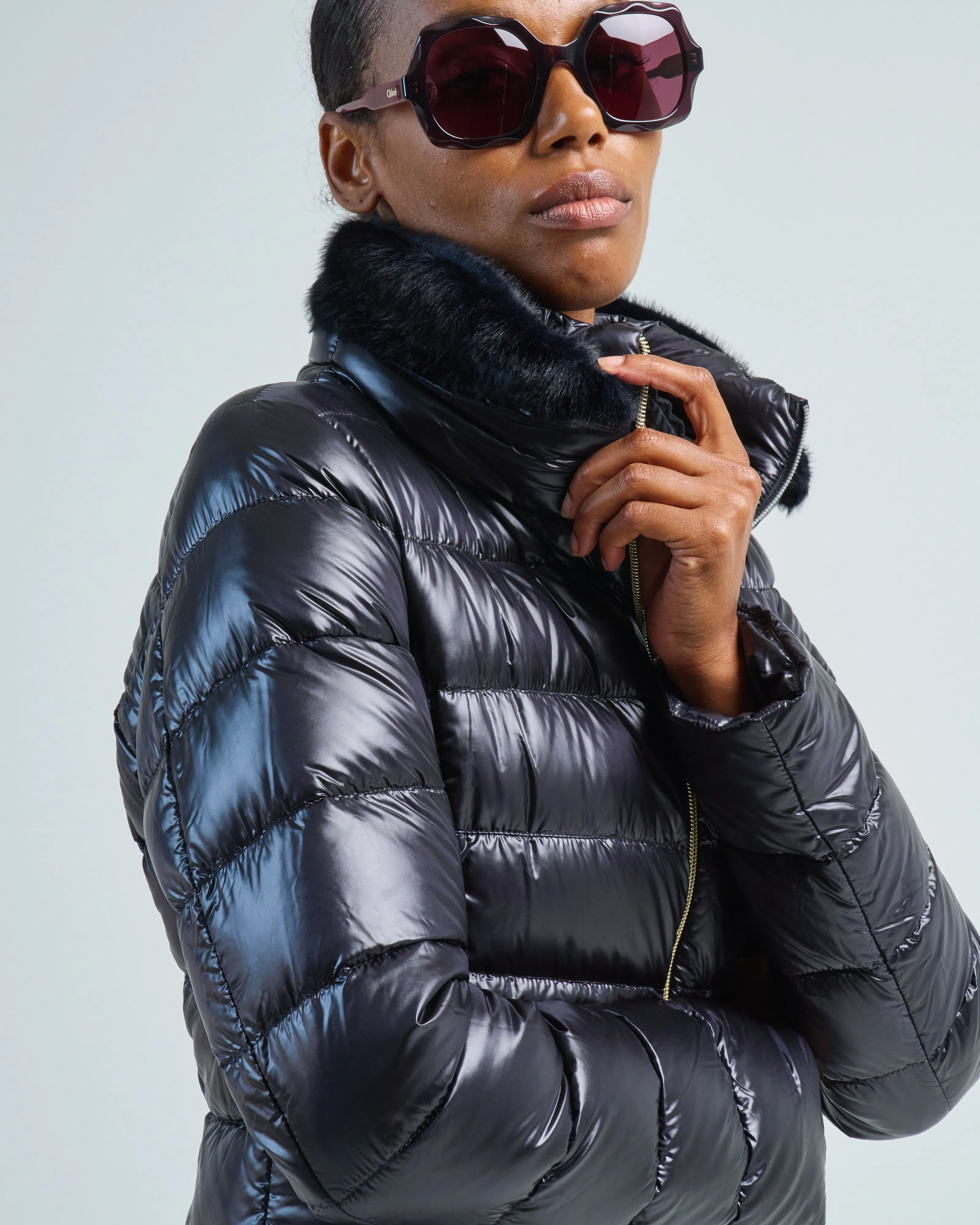 iconico claudia eco fur fitted short coat w/ faux mink collar