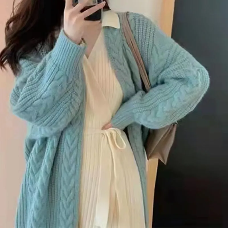 ITOOLIN Autumn Women Loose Warm Long Cardigan Coat Solid Long Sleeve Thicken Sweater TRAF Coat Women Streetwear Outerwear Winter