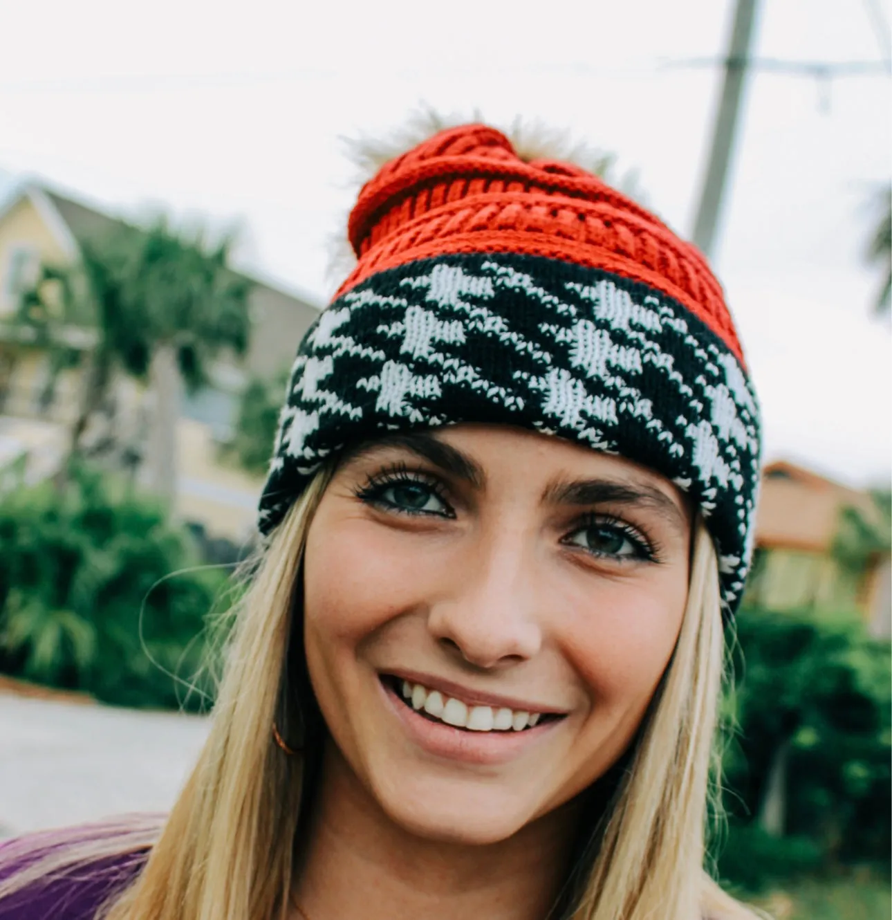Knit Beanie- Red with Houndstooth Trim And Removable Faux Fur Pom-Pom