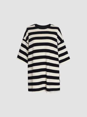 Knitted Black And White Striped Loose T-shirt Top