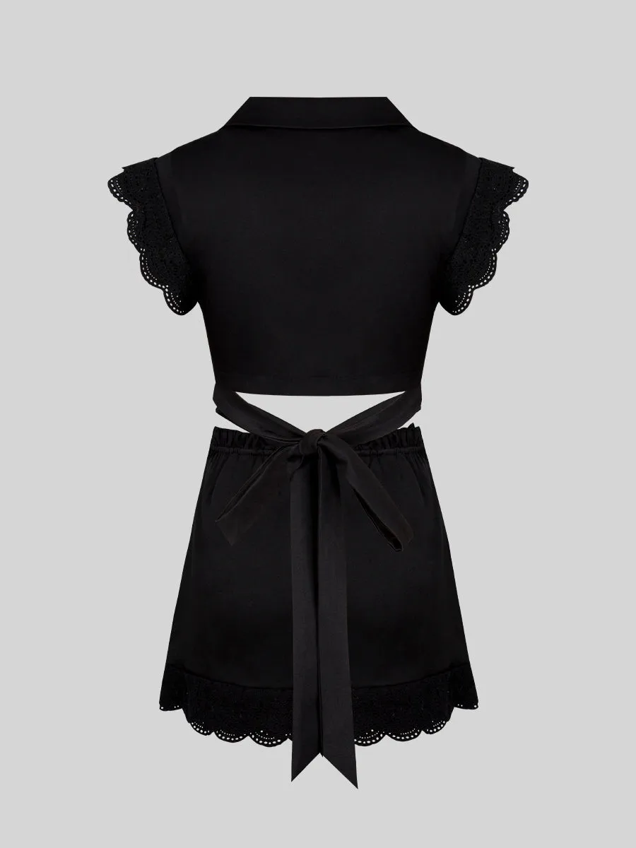 Lace Lace-up Shirt Top   Cherry Skirt Set