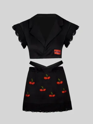 Lace Lace-up Shirt Top   Cherry Skirt Set