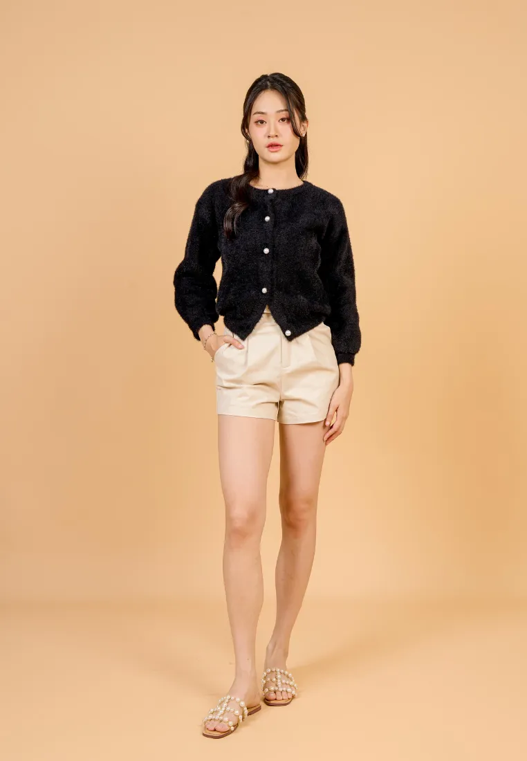 Liliya Fuzzy Cardigan With Pearl Round Buttons