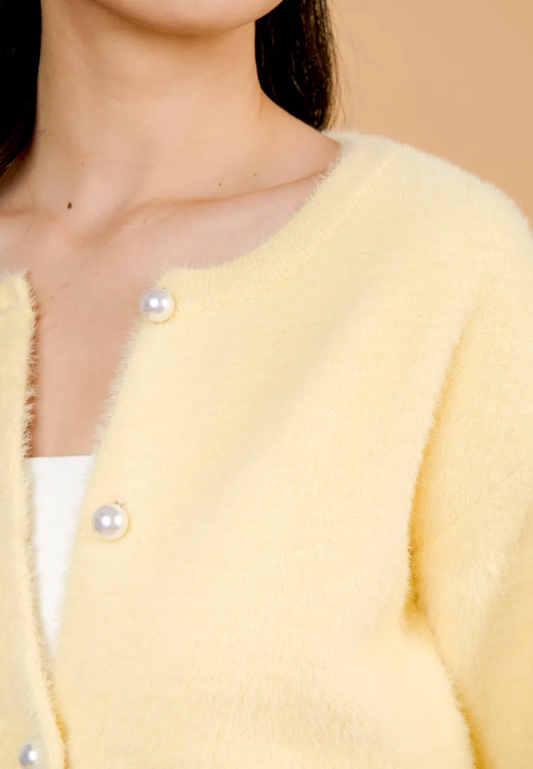 Liliya Fuzzy Cardigan With Pearl Round Buttons