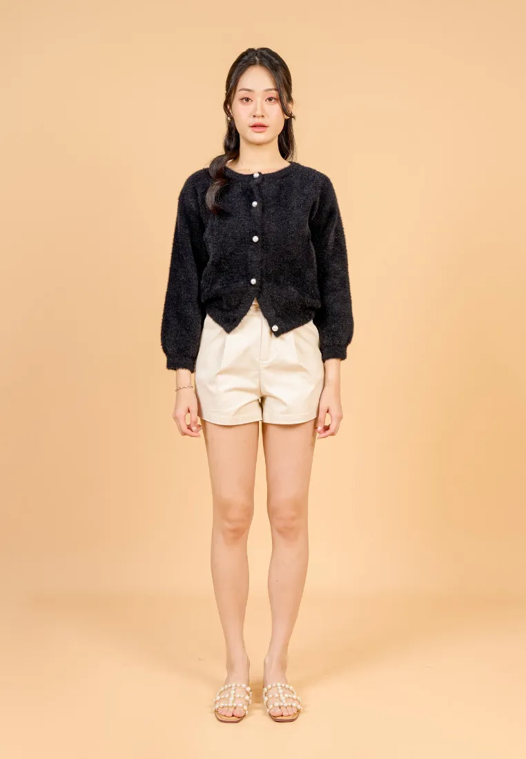Liliya Fuzzy Cardigan With Pearl Round Buttons