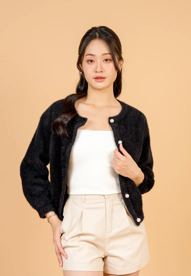 Liliya Fuzzy Cardigan With Pearl Round Buttons