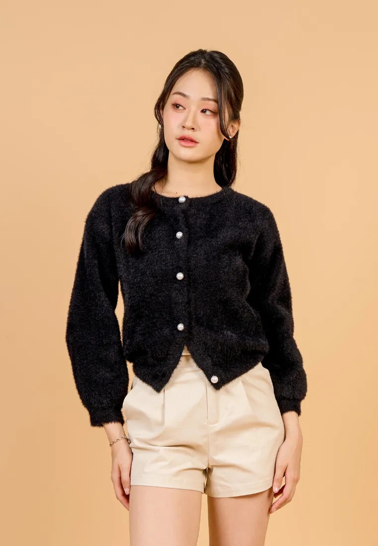 Liliya Fuzzy Cardigan With Pearl Round Buttons