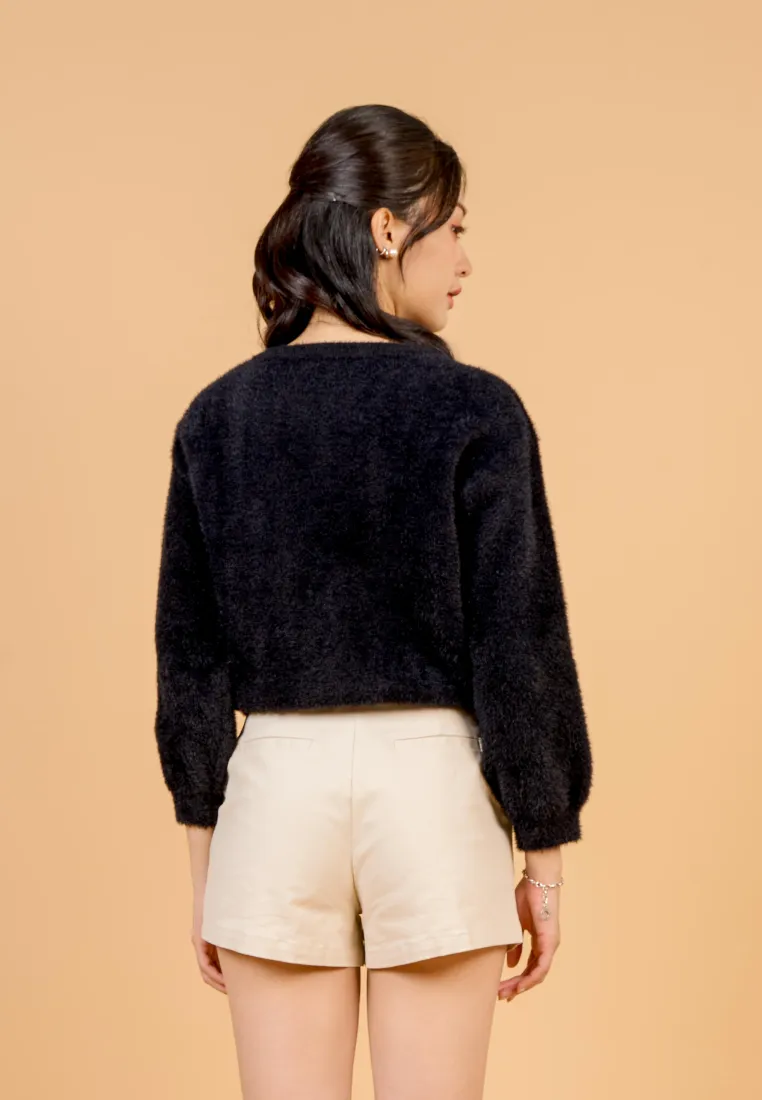 Liliya Fuzzy Cardigan With Pearl Round Buttons