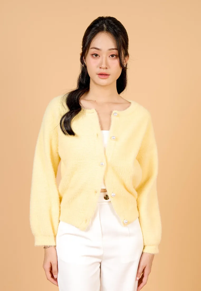 Liliya Fuzzy Cardigan With Pearl Round Buttons
