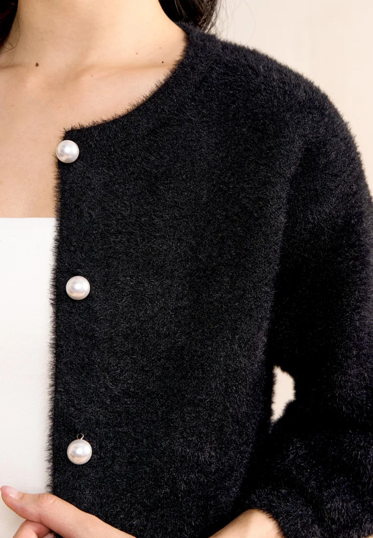 Liliya Fuzzy Cardigan With Pearl Round Buttons