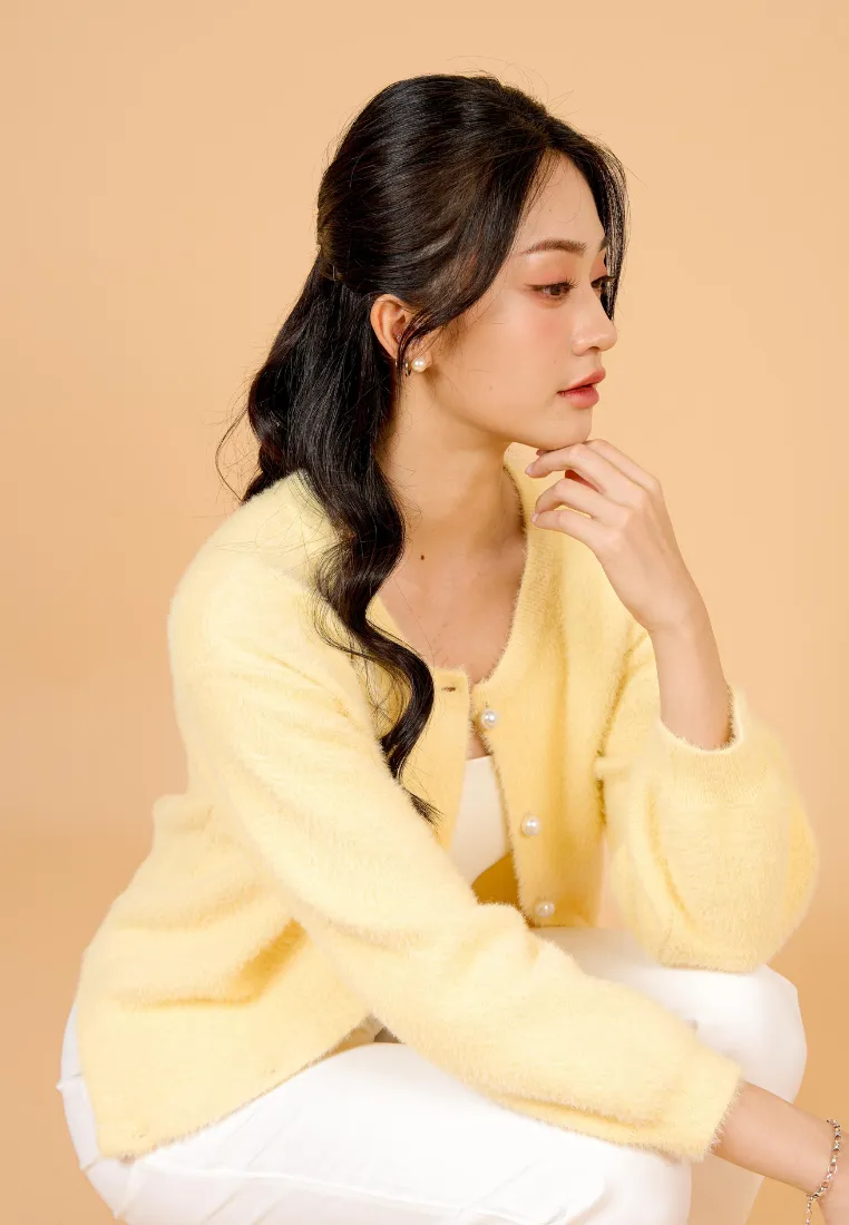 Liliya Fuzzy Cardigan With Pearl Round Buttons