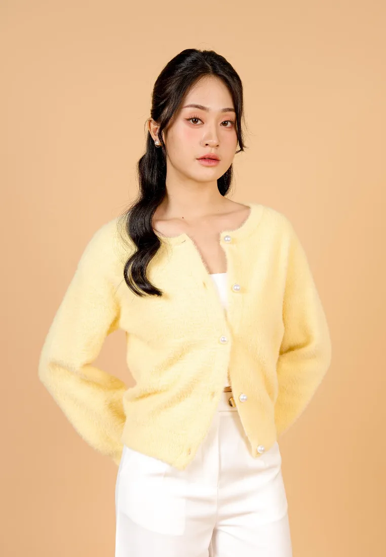 Liliya Fuzzy Cardigan With Pearl Round Buttons