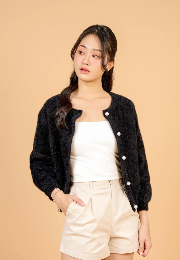 Liliya Fuzzy Cardigan With Pearl Round Buttons