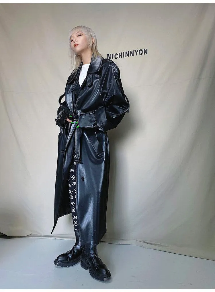 Long Oversized Reflective Shiny Waterproof Patent Leather Trench Coat