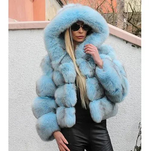 Luxury Faux Fox Fur Coat Women Short Winter Jacket with Big Fur Hood Thick Warm Overcoat 2020 New Fashion Flurry Fake Fur Coats