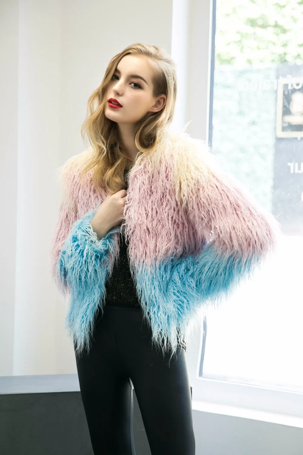 Luxury Faux Fur Coat Mix Color Shaggy Jacket