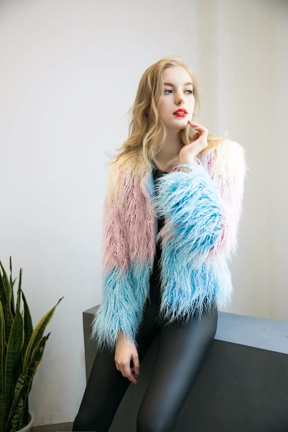 Luxury Faux Fur Coat Mix Color Shaggy Jacket
