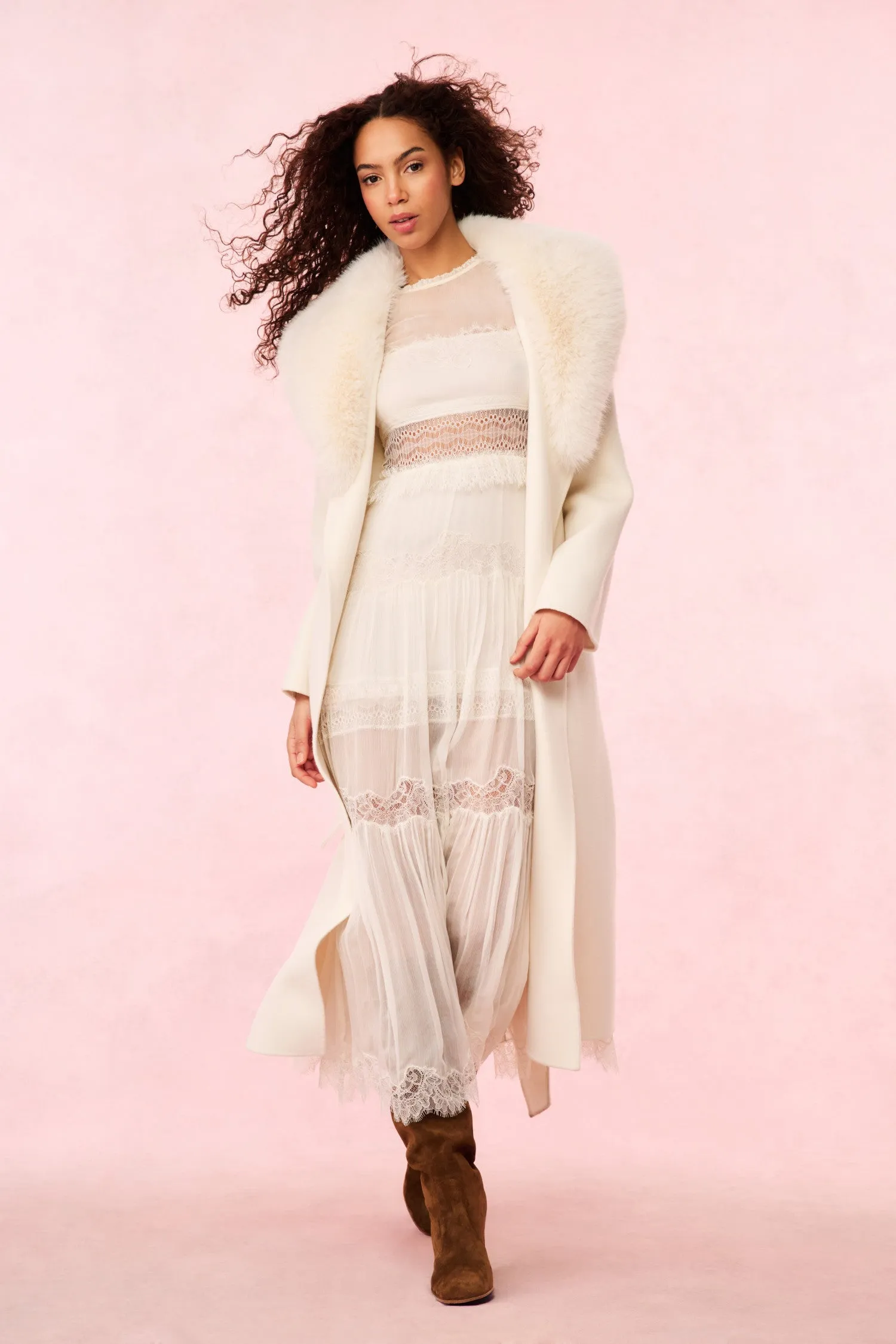 Mahika Wool-Cashmere Faux Fur Collar Coat - OATMEAL