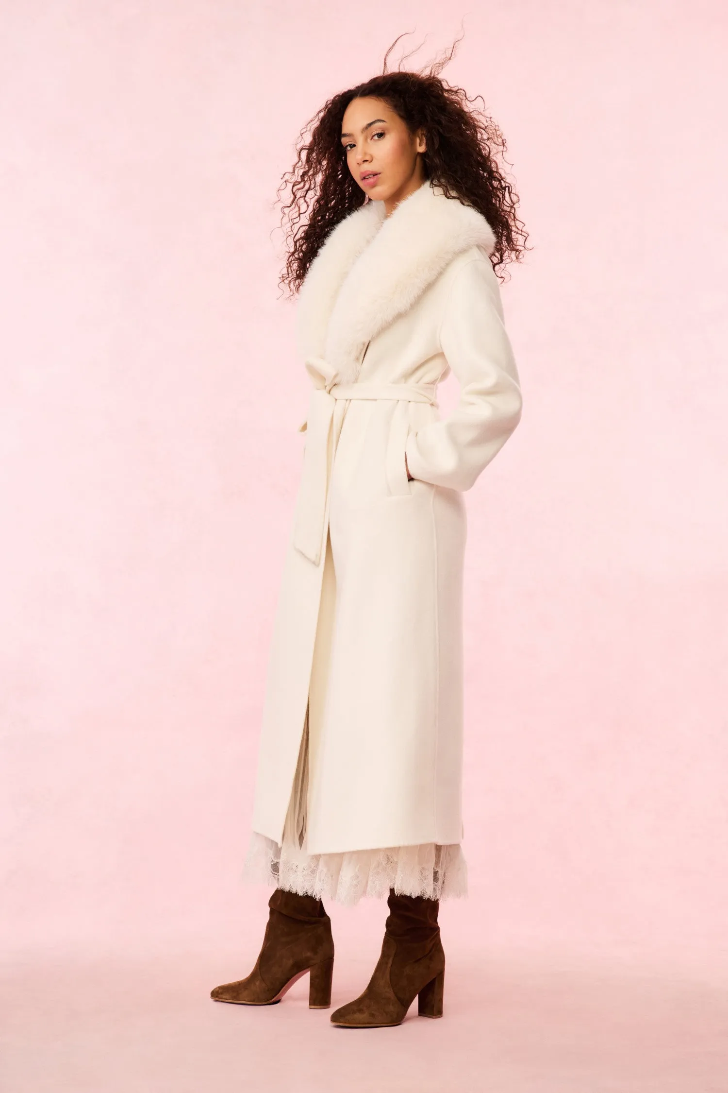 Mahika Wool-Cashmere Faux Fur Collar Coat - OATMEAL
