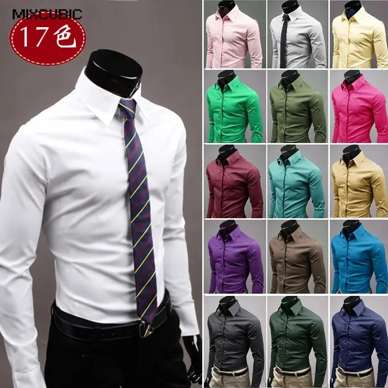 Men Shirt British Style Business Long-Sleeve Male Slim fit Casual Shirts Men's Clothing White Black wine Shirts men