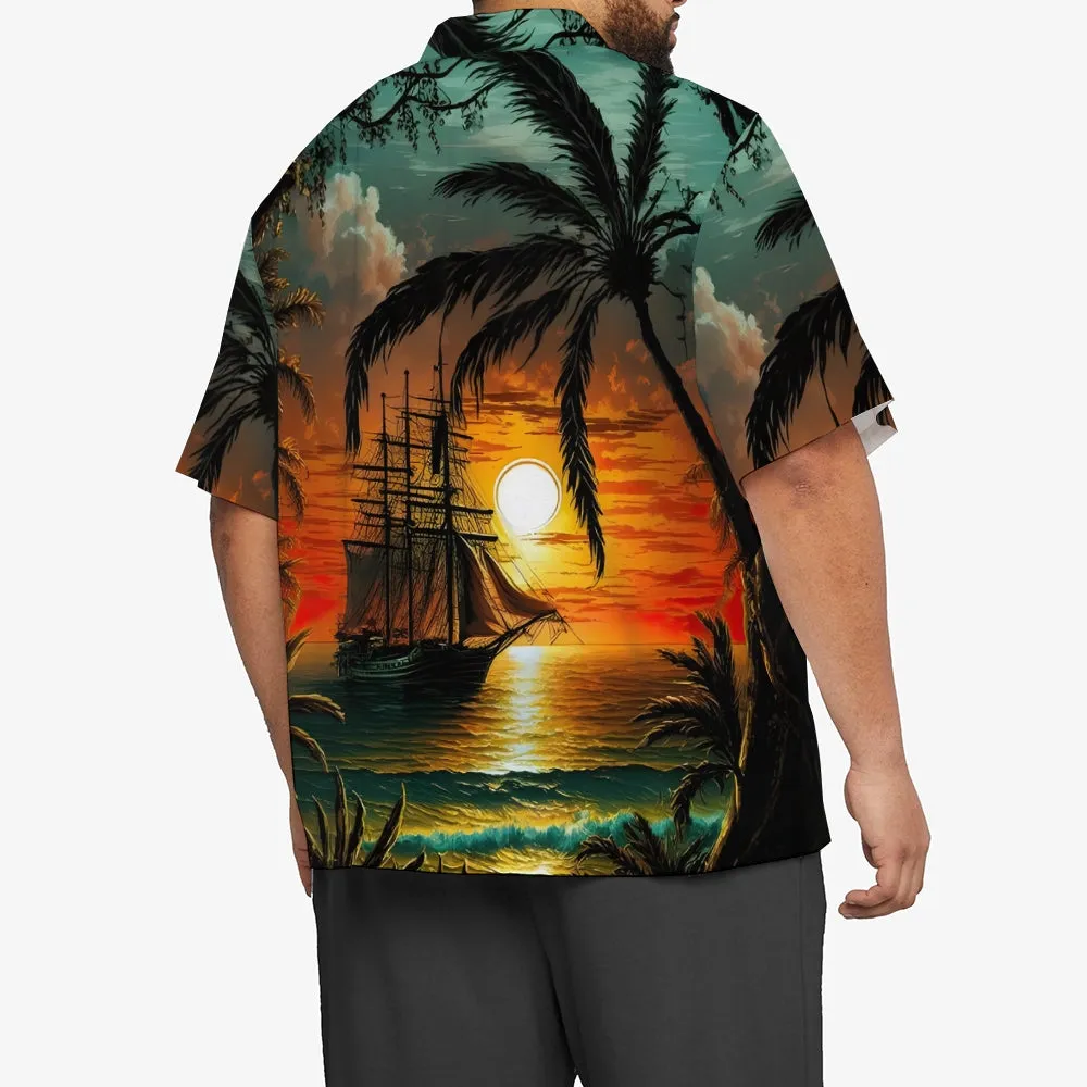Men's Hawaiian Coconut Tree And Sailboat Print Casual Short Sleeve Shirt 2404001928