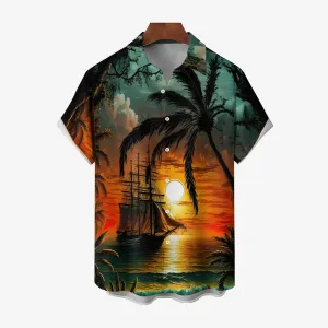 Men's Hawaiian Coconut Tree And Sailboat Print Casual Short Sleeve Shirt 2404001928