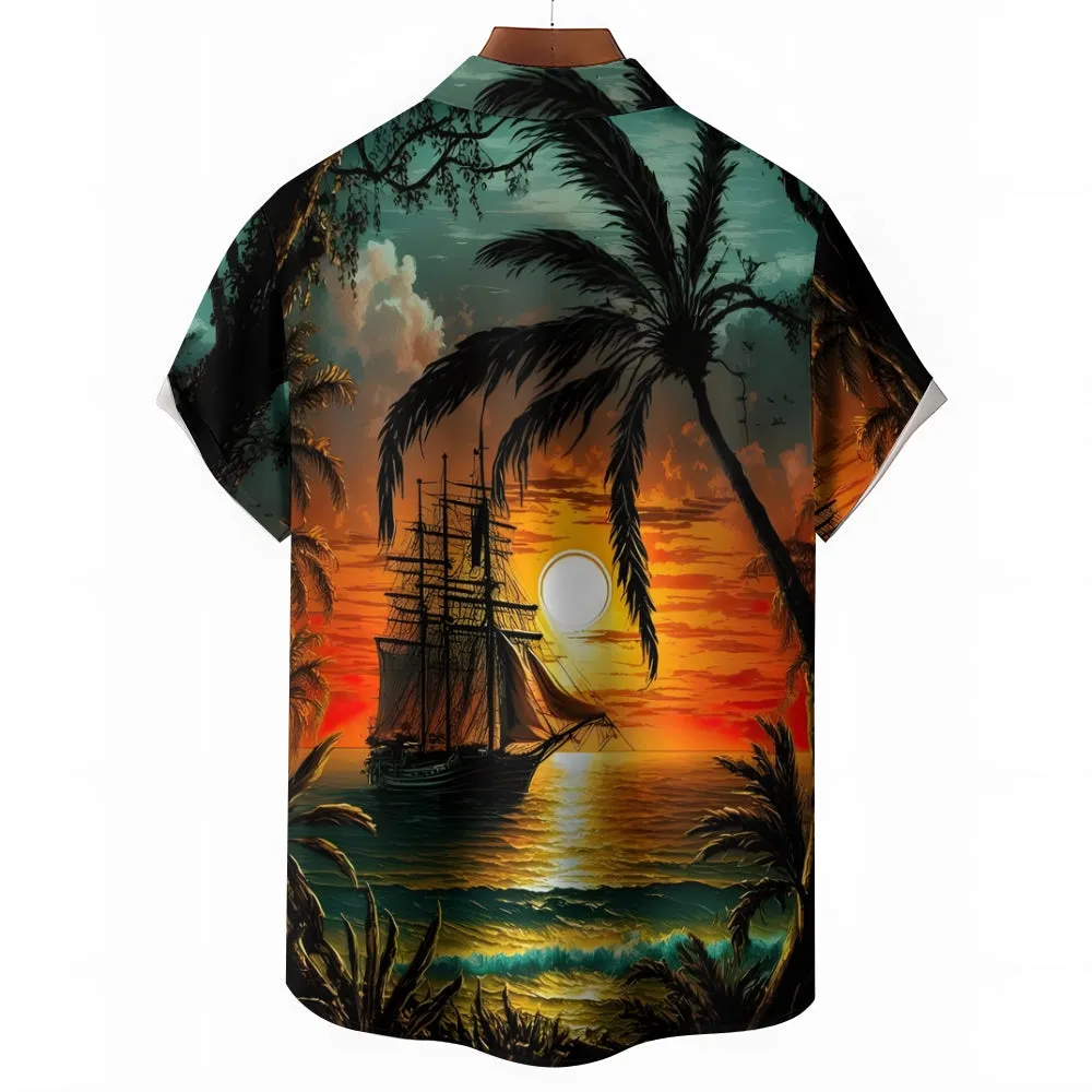 Men's Hawaiian Coconut Tree And Sailboat Print Casual Short Sleeve Shirt 2404001928