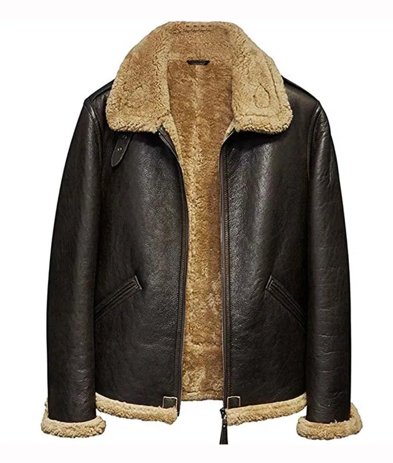 Mens Shearling Faux Fur Aviator Leather Jacket