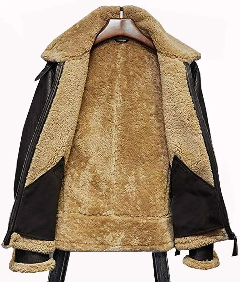 Mens Shearling Faux Fur Aviator Leather Jacket