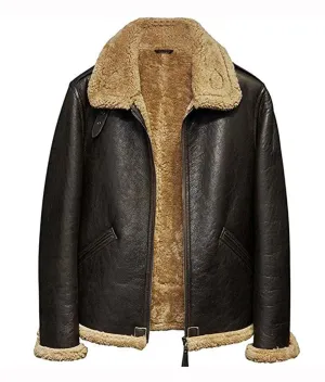 Mens Shearling Faux Fur Aviator Leather Jacket
