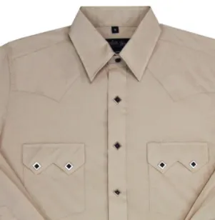 Men's Western Shirt: White Horse Solid Sawtooth Pockets Stone