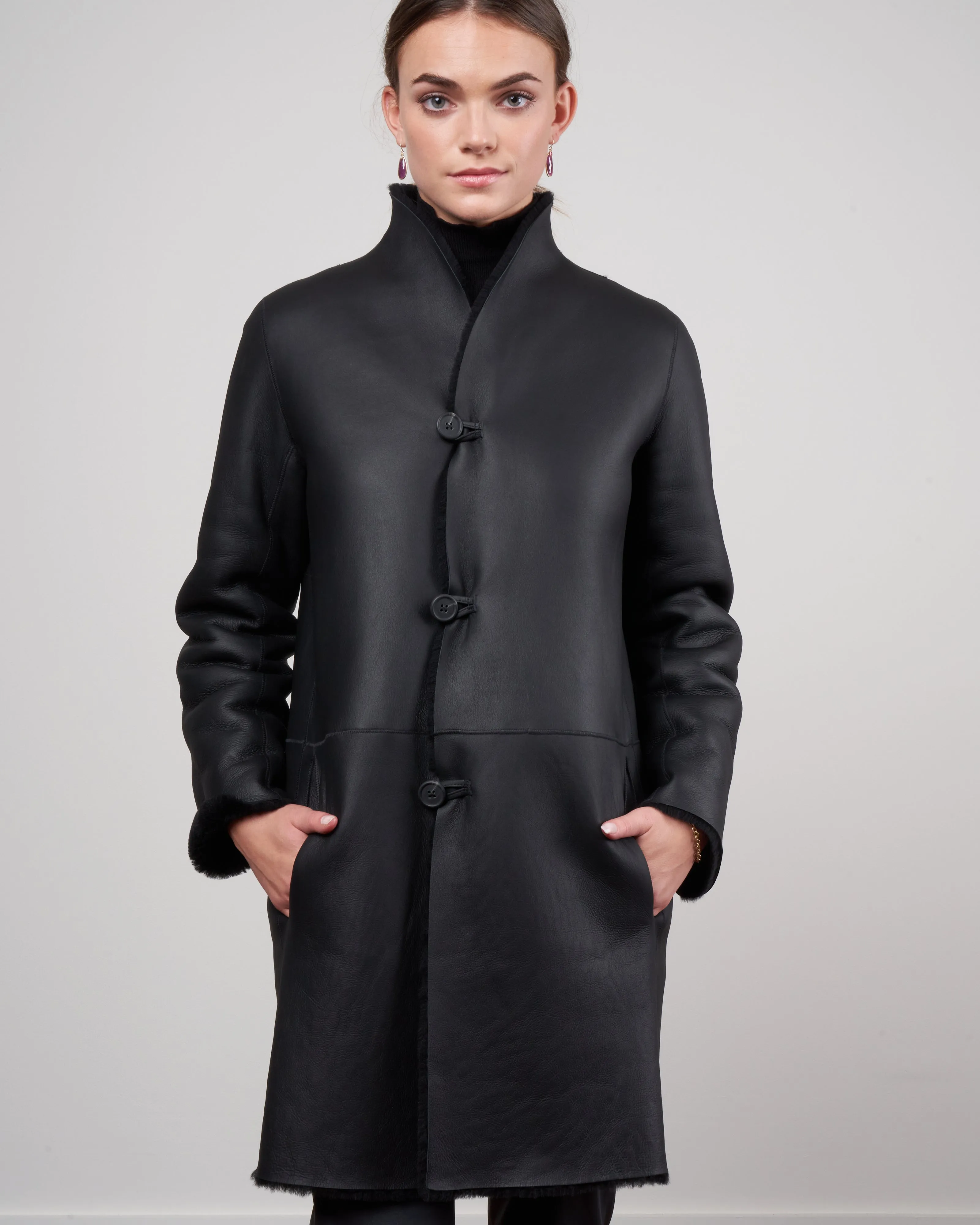 merino short crombie coat - black