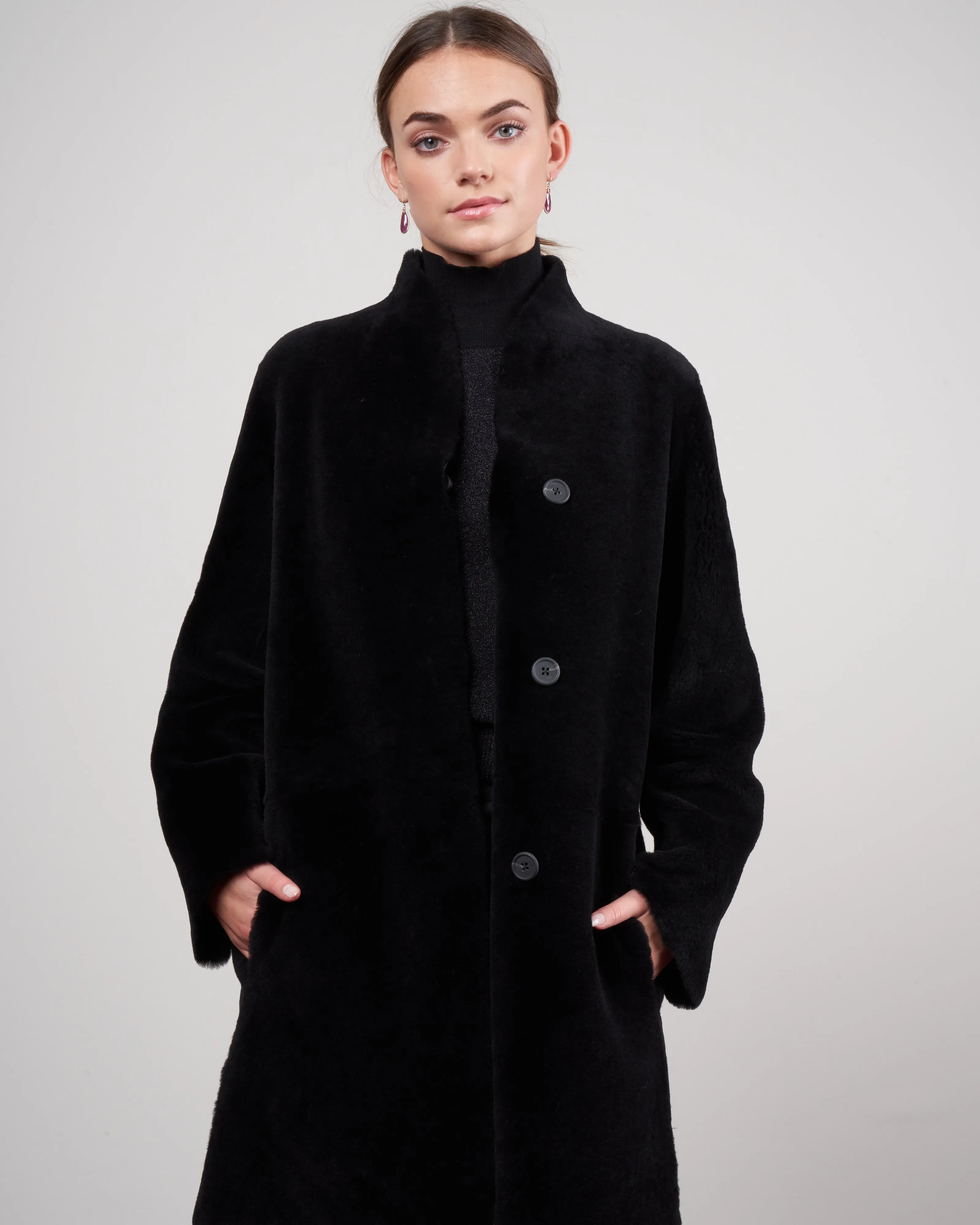 merino short crombie coat - black