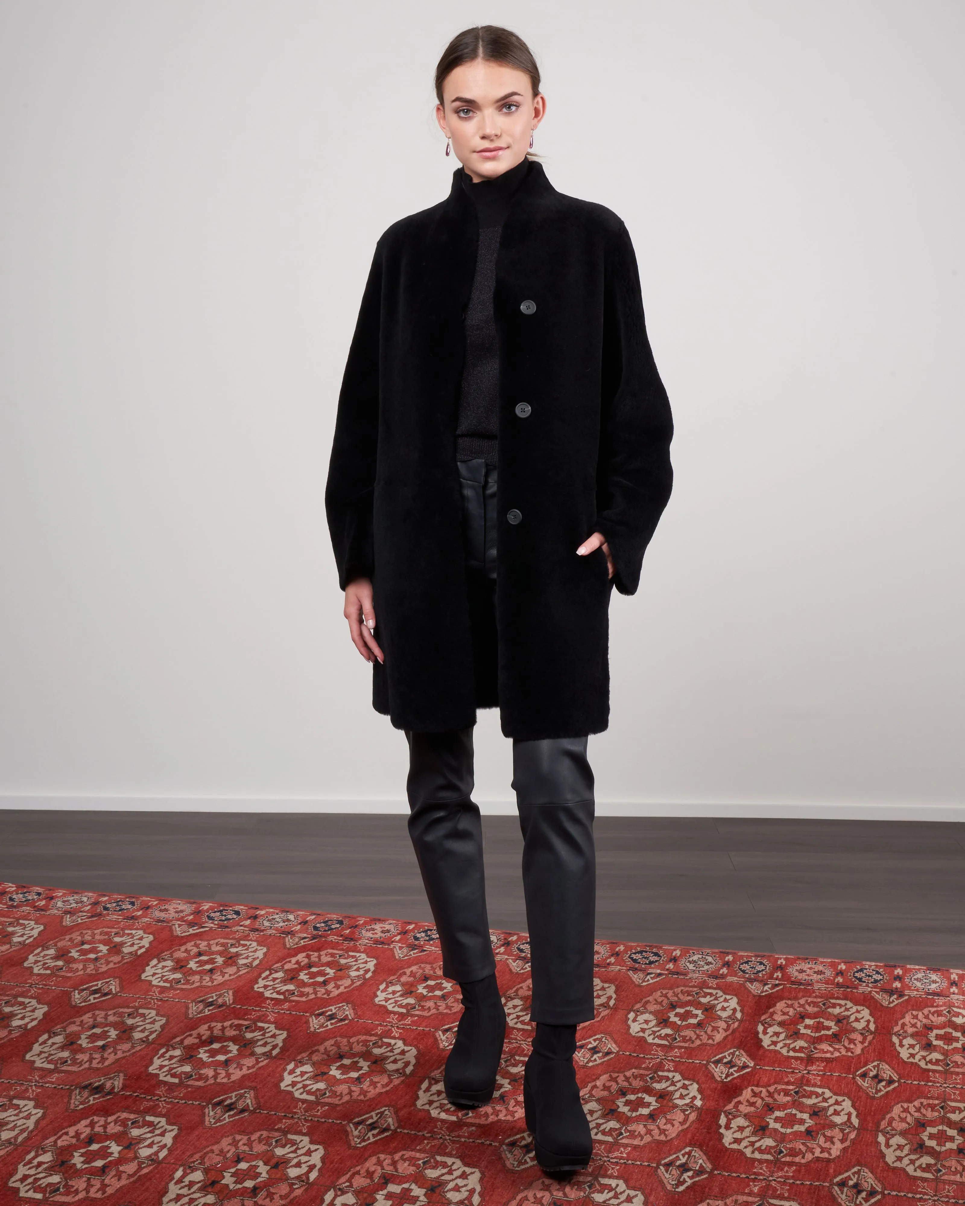 merino short crombie coat - black