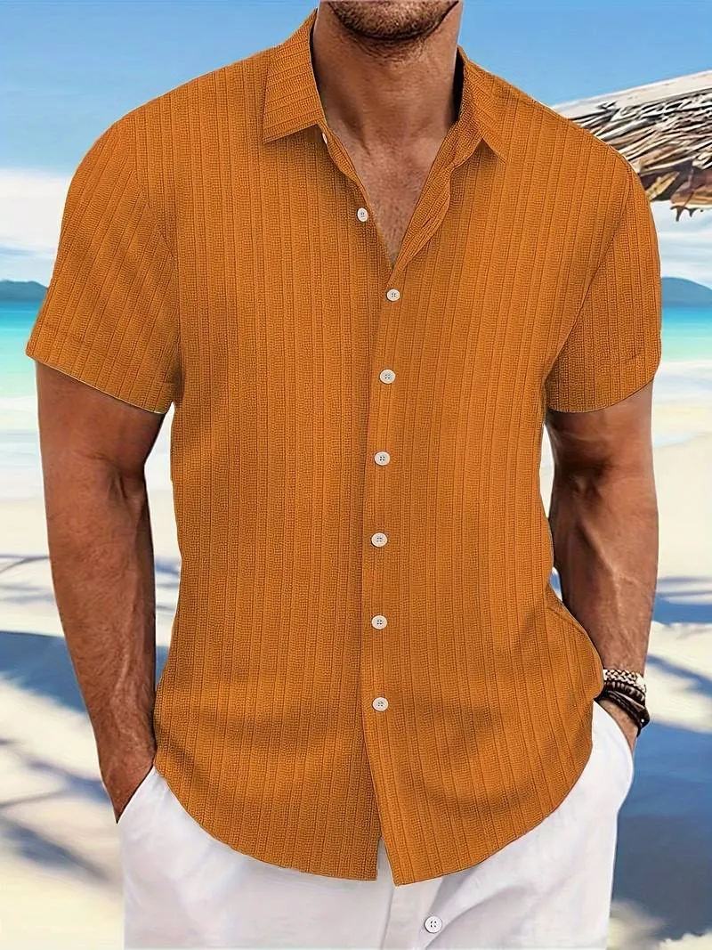 Michael Ribbed Short-Sleeve Button-Down Blouse