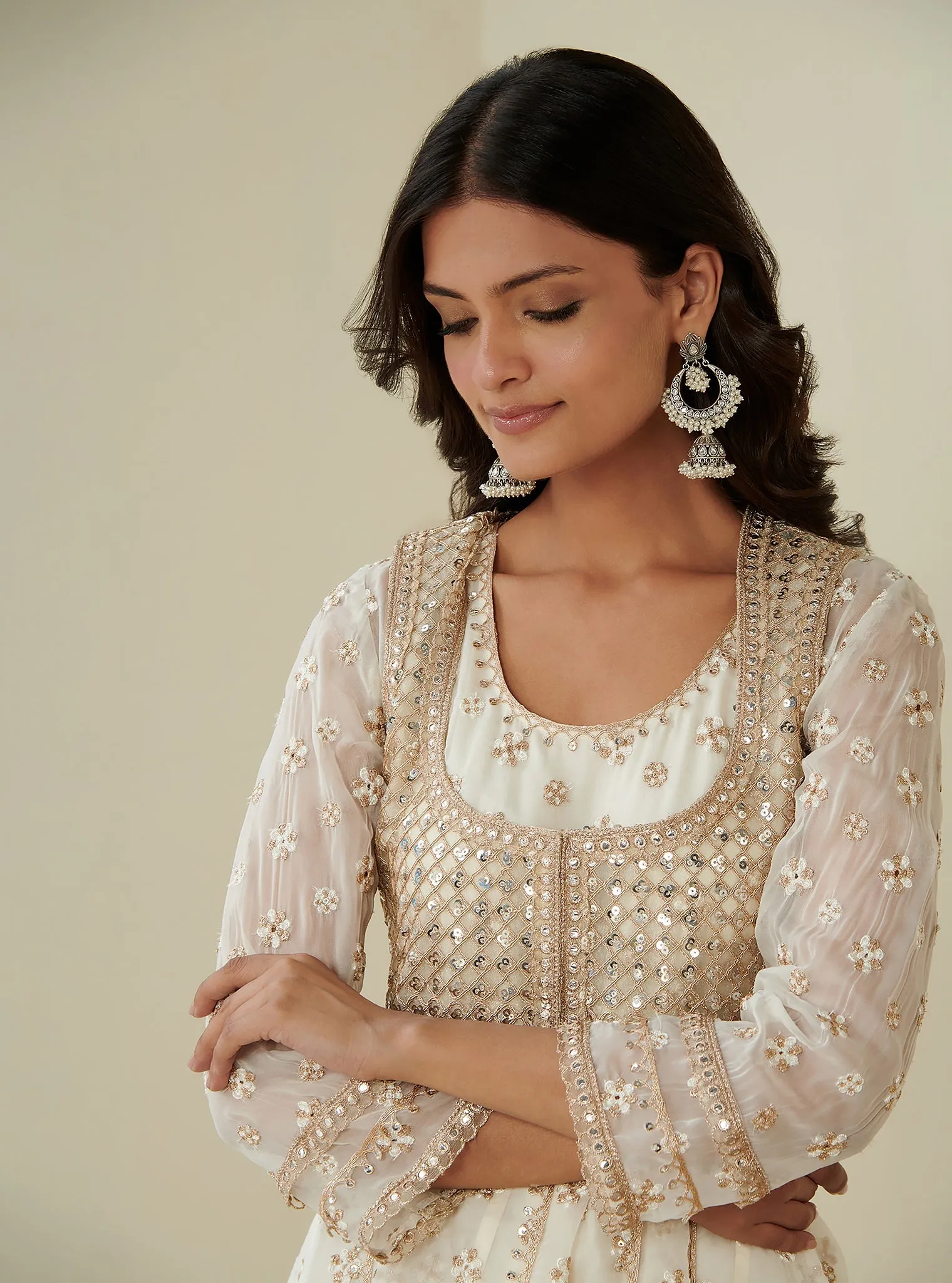 Mulmul Organza Malang Anarkali Off White Kurta With Jacket With Mulmul Pima Malang Off White Churidar Pant
